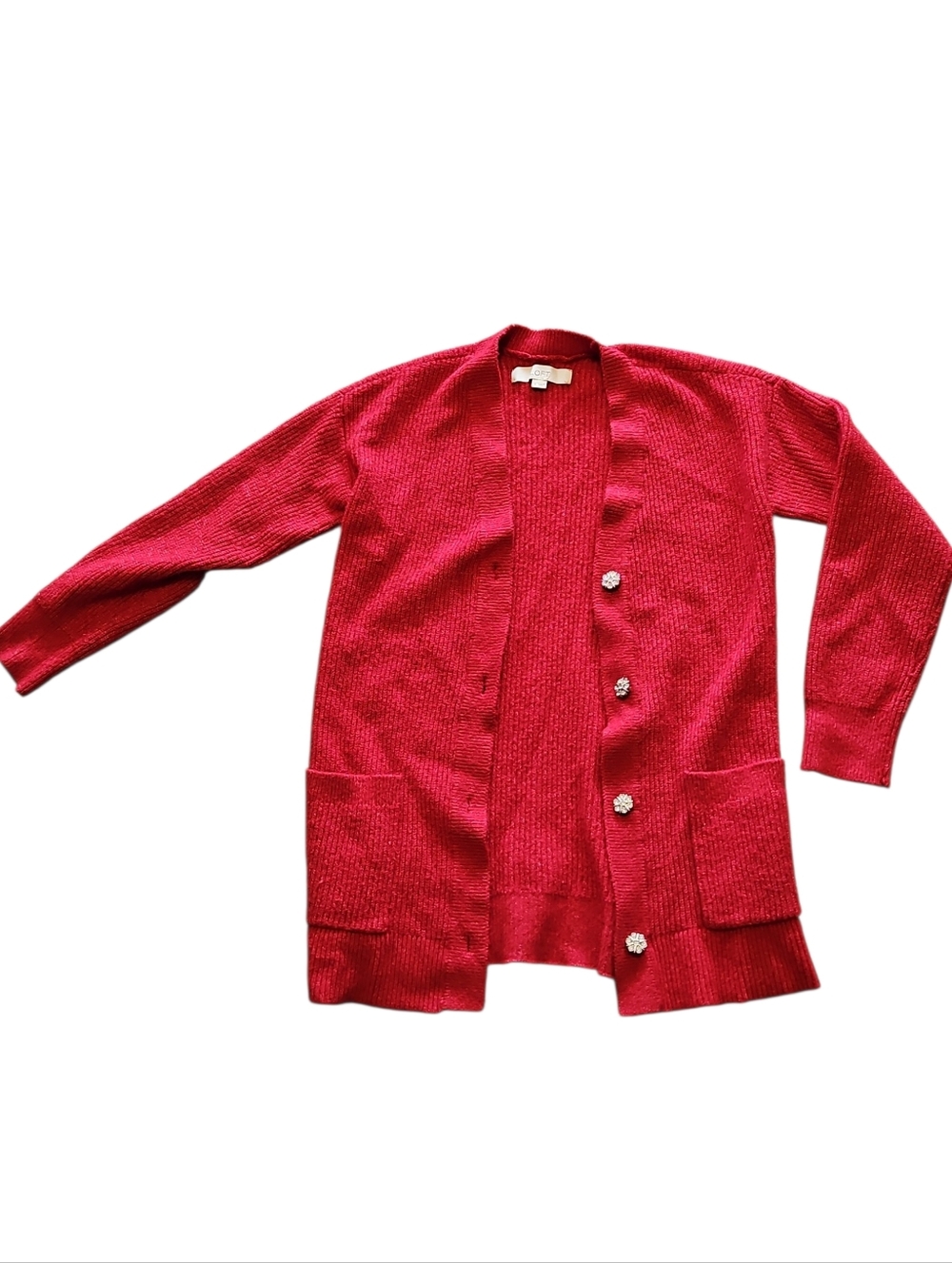Loft Red Sparkle Button-Front Knit Sweater Cardigan Size Small